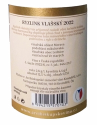 Ryzlink vlašský - 2022, suché, pozdní sběr, mešní víno, AZVK