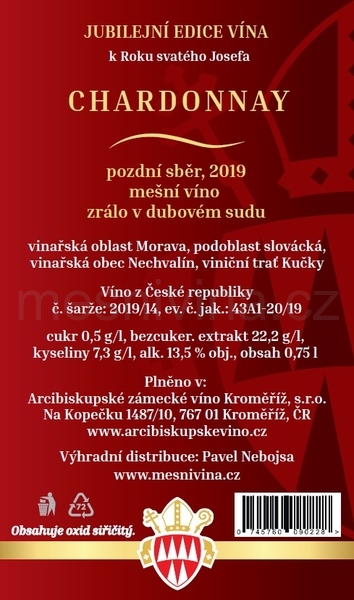 Svatý Josef, Chardonnay 2019, pozdní sběr, suché, zrálo v dubovém sudu, mešní víno, AZVK